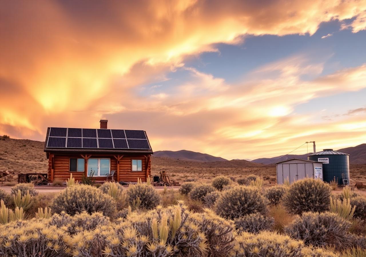 Off-grid log cabin with rooftop solar array and water tank in high-desert Colorado at sunset