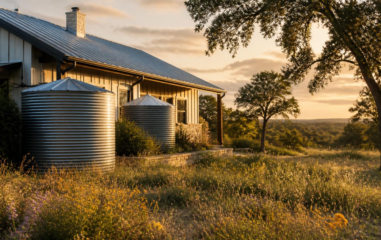 Galvanized rainwater tanks beside a metal-roofed hill country farmhouse at sunset